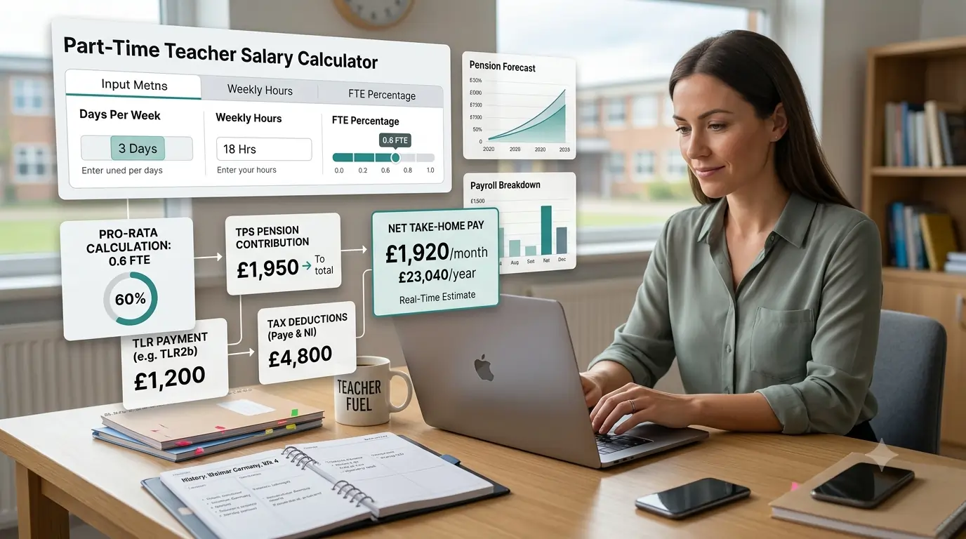 Part-time teacher pay calculator showing days per week, hours and FTE percentage converted into pro-rata salary, TPS pension and take-home pay for 2025-2026