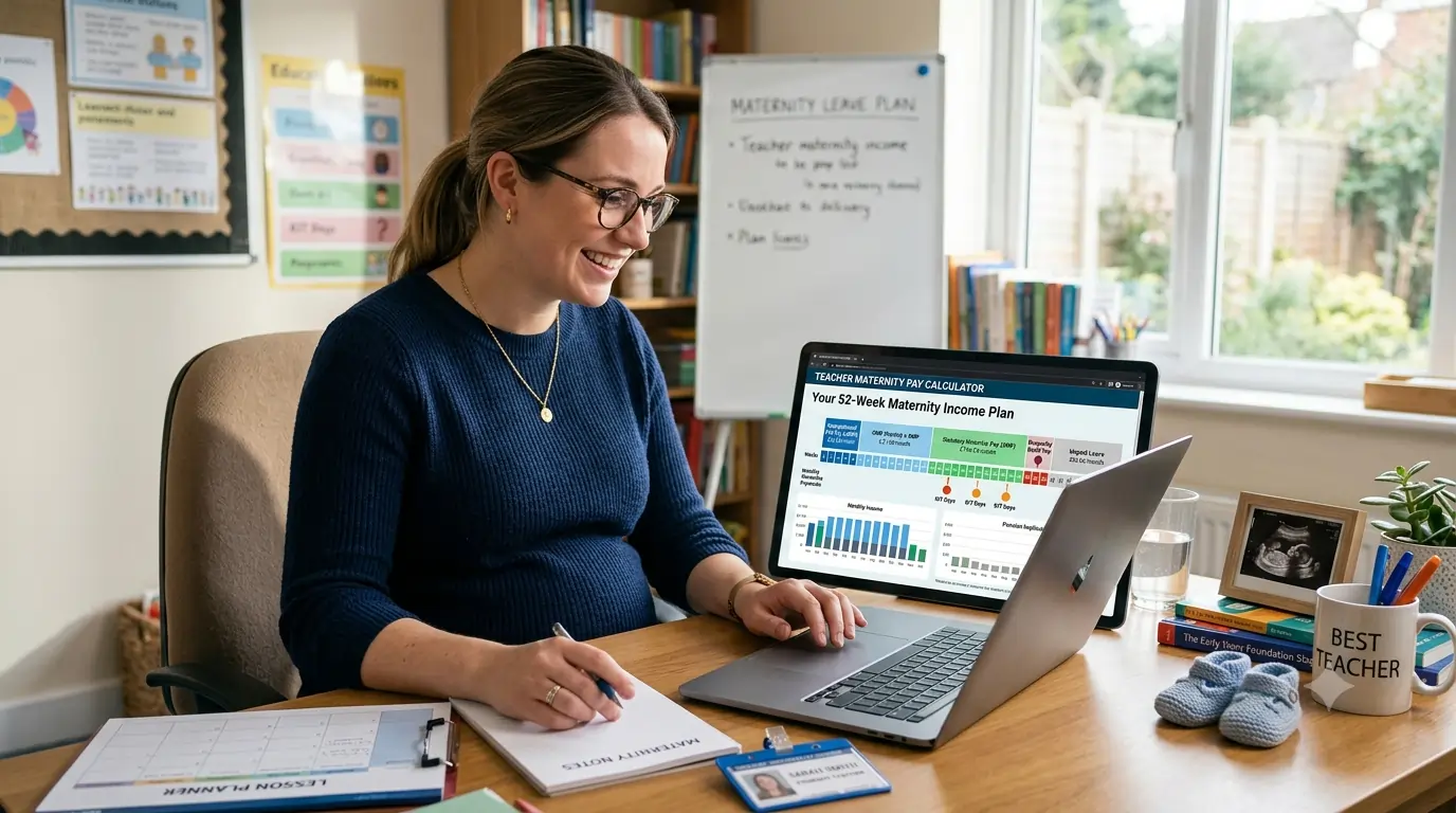 Teacher maternity pay calculator showing 52-week income timeline with Burgundy Book pay, SMP, KIT days and week-by-week earnings forecast on a modern dashboard