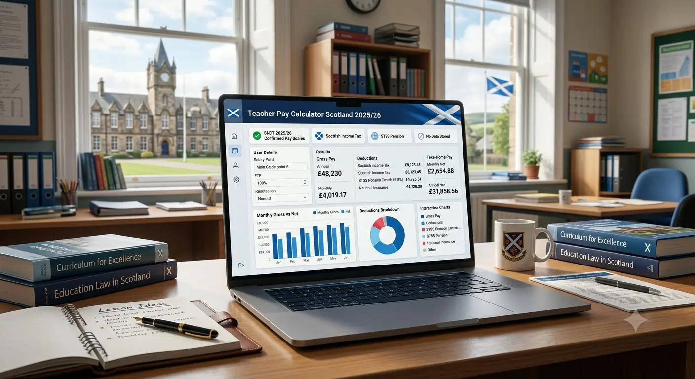 Scottish teacher pay calculator with SNCT scales, Scottish income tax, STSS pension and take-home pay 2025-26 data