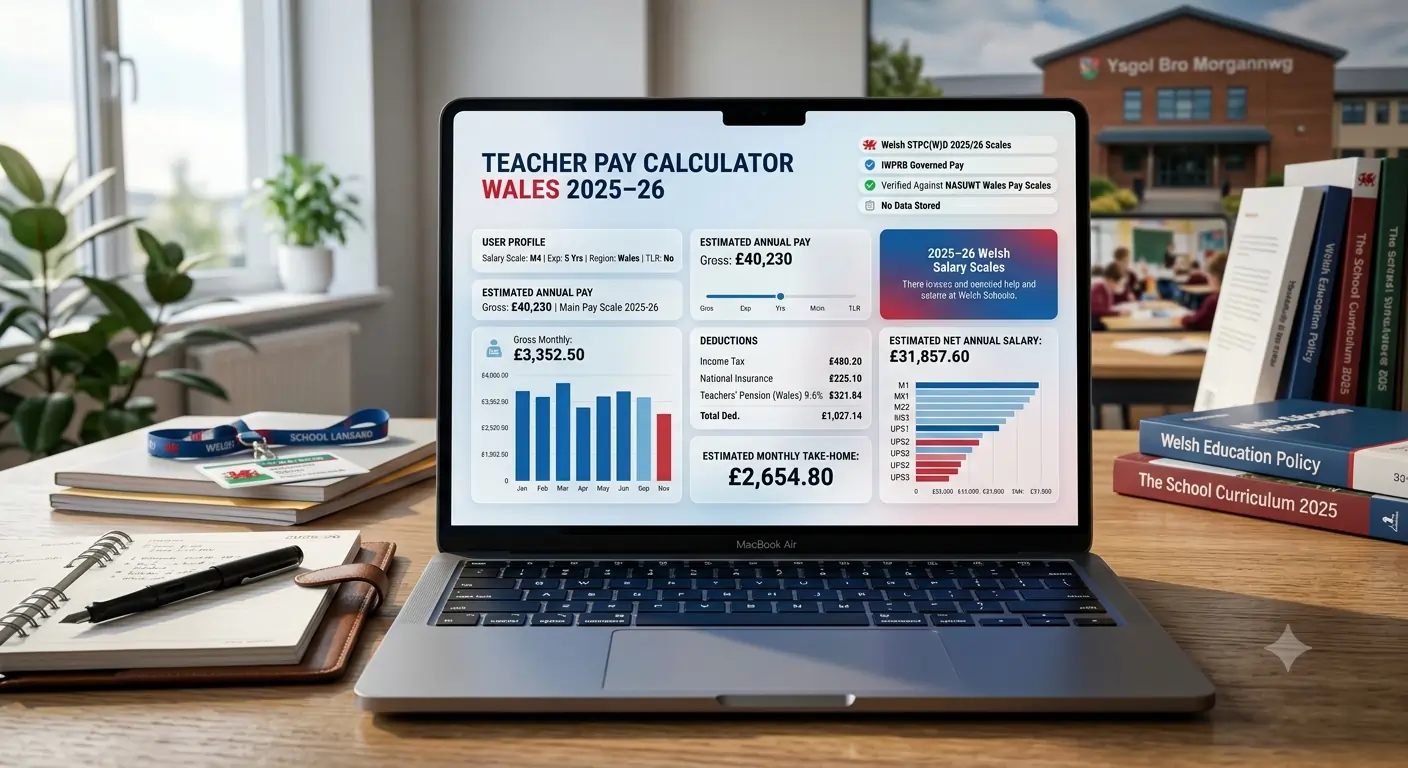 Welsh teacher pay calculator 2025-26 showing take-home pay, salary scales, pension, tax and Wales education pay rates
