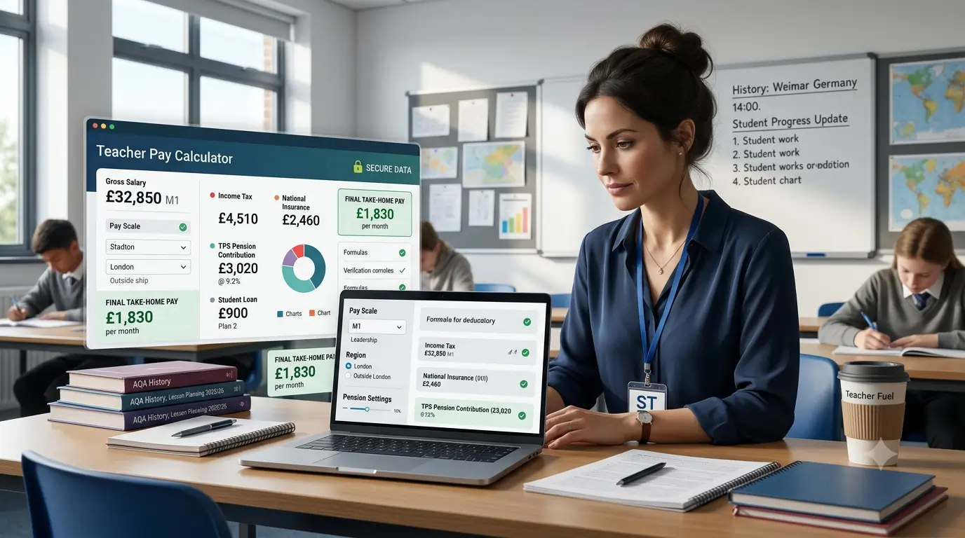 Teacher pay calculator 2025-2026 showing take-home pay after tax, National Insurance, TPS pension and student loan deductions on a modern salary dashboard for UK teachers