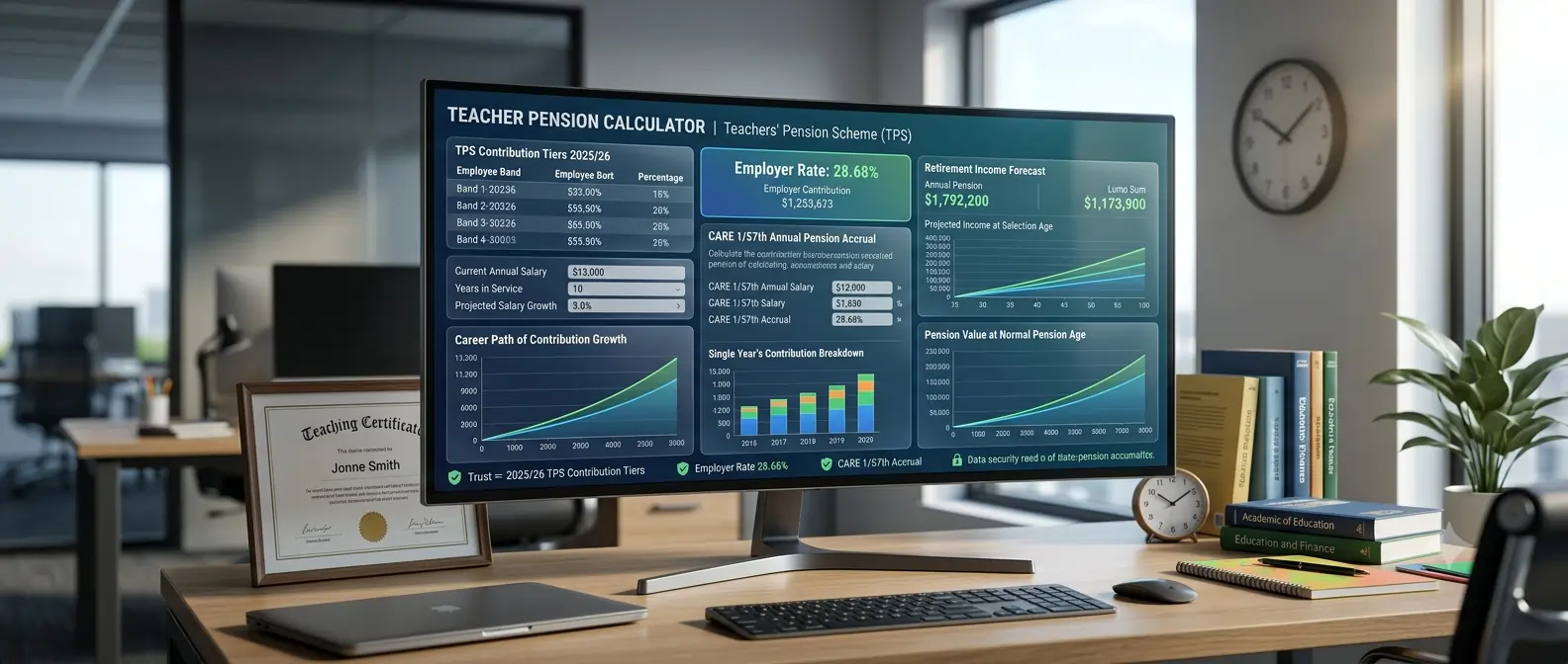 Teacher pension calculator showing TPS contributions, employer rate, CARE accrual and retirement income estimate