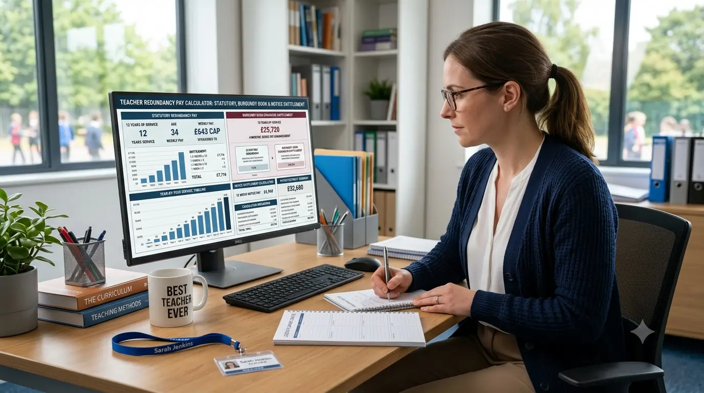 Teacher redundancy pay calculator showing statutory redundancy pay, Burgundy Book enhanced entitlement, notice pay and year-by-year service breakdown on a financial dashboard